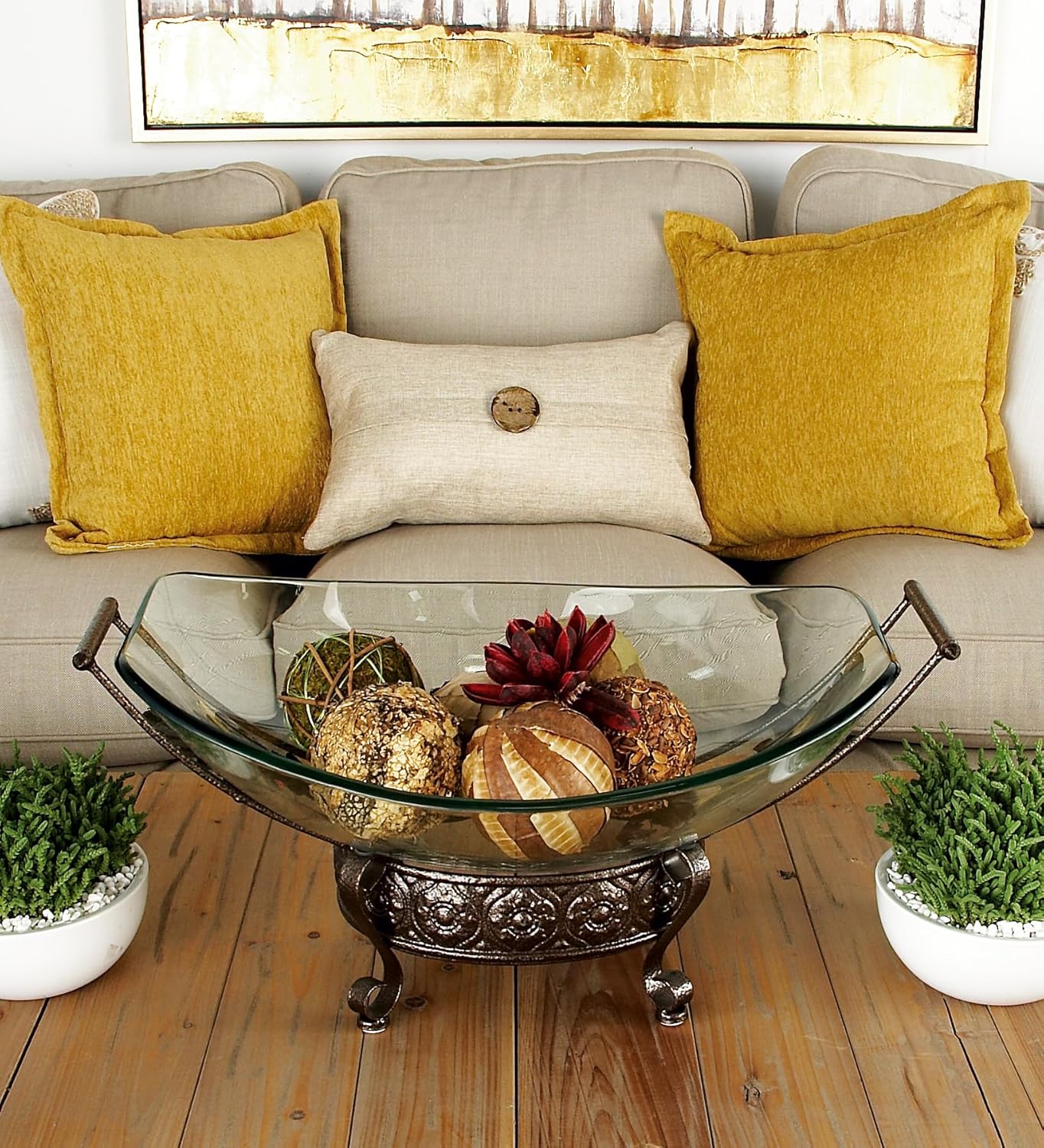 Deco 79 Tempered Glass Kitchen Serving Bowl with Brown Metal Scroll Base, 23" x 14" x 10", Clear, SMALL SIZE