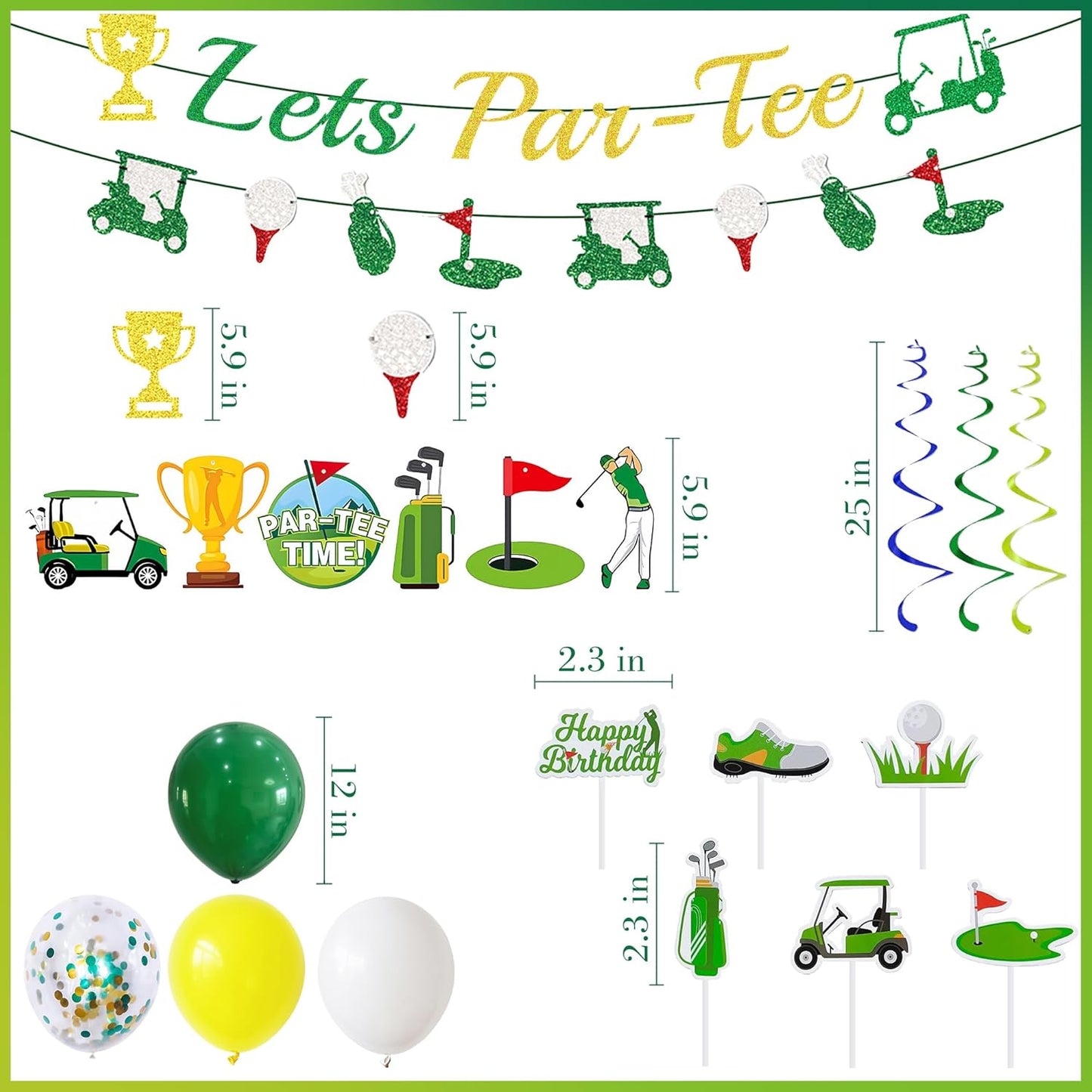 Golf Birthday Decorations Party Supplies - 36 Pcs Lets Par-Tee Banner Balloons Hanging Swirls Cupcake Toppers For Golf Theme Party Decor