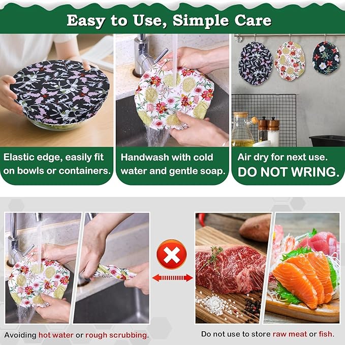 5-Size Beeswax Bowl Covers for Bread Proofing, Reusable Cotton Cloth Bowl Covers, Flexible Beeswax Wraps for Food Storage Christmas Holiday Kitchen Decor(Holly)