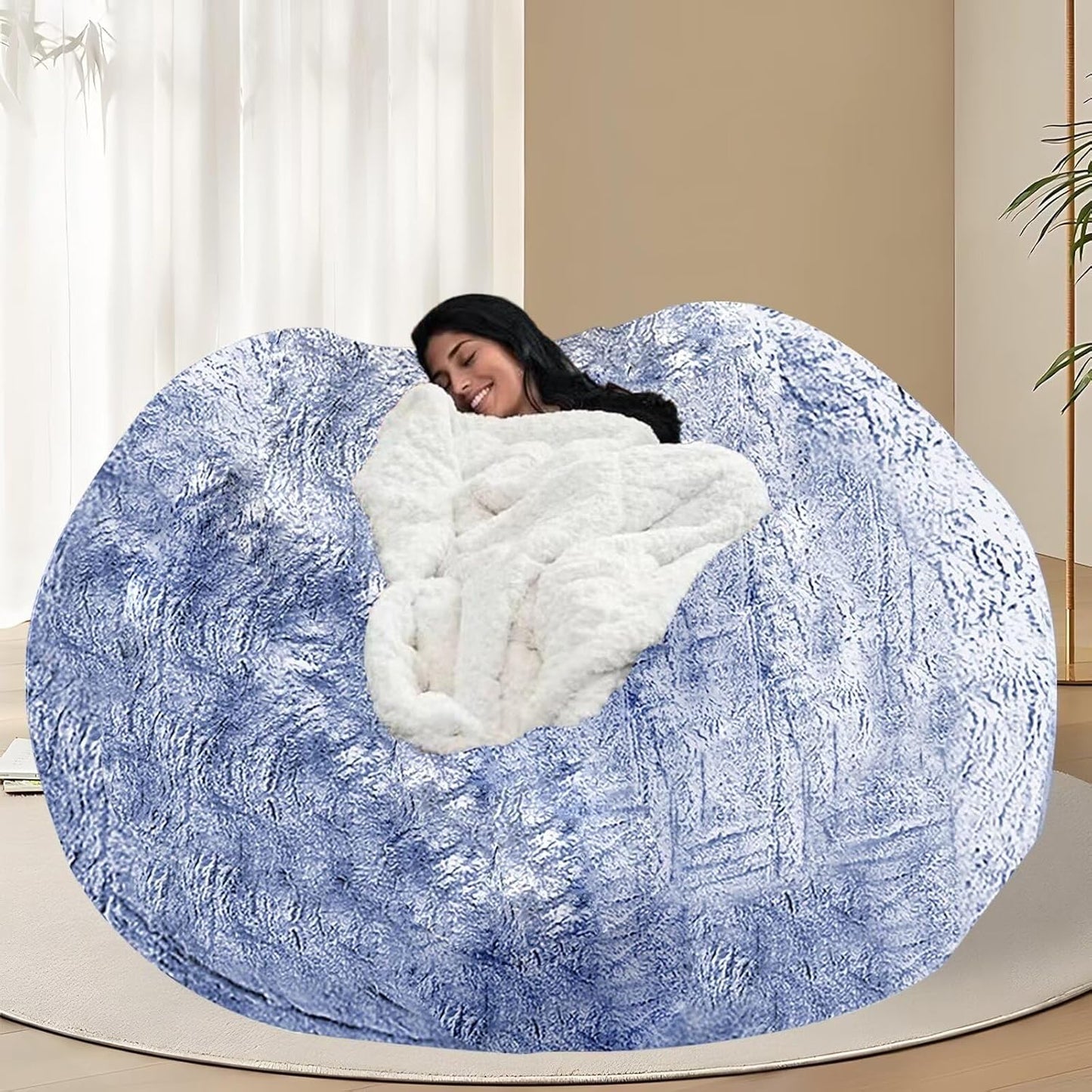 BCU Oversized Bean Bag Cover Comfy Beanbag Chair for Adults Without Filler Faux Fur Floor Chair Lazy Sofa Cover Comfy for Living Room Chairs, Silver Blue, 5FT