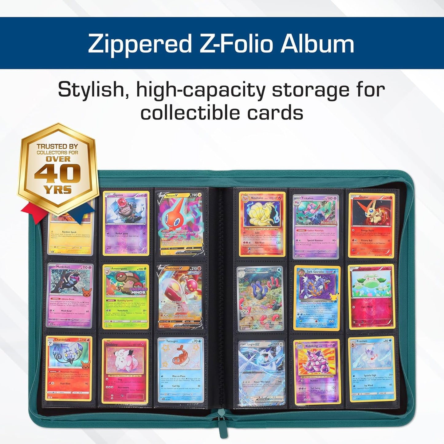 BCW Z-Folio 9-Pocket LX Album - Teal | Secure Zipper Card Organizer | Premium Leatherette Card Collection Binder | Trading Card Binder for Pokemon, MTG, Sport Cards and More