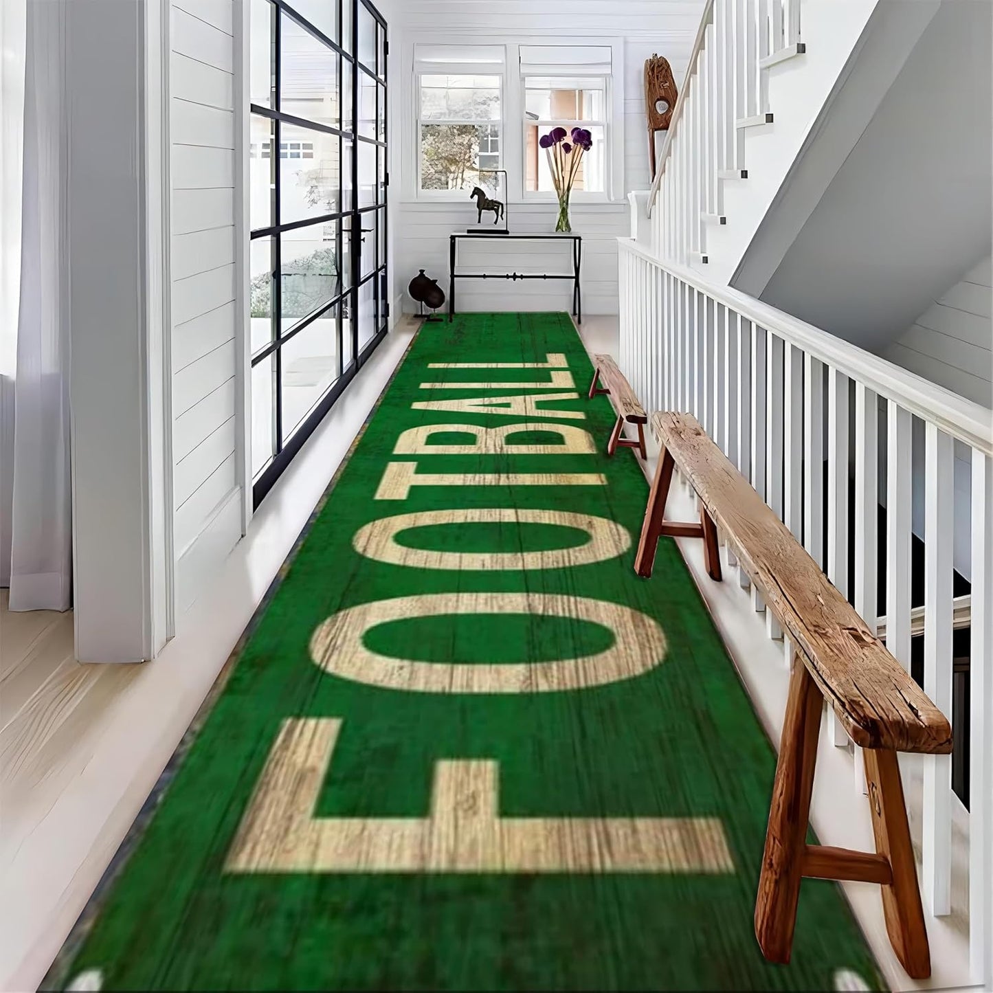 Sports Runner Rug, 3.3x10ft, Football Indoor Floor Rugs, Indoor Decor Thin Low Pile Easy Clean Rugs, Non-Shedding Reduce Noise Washable Non-Slip Carpets for Bedside Family Kitchen