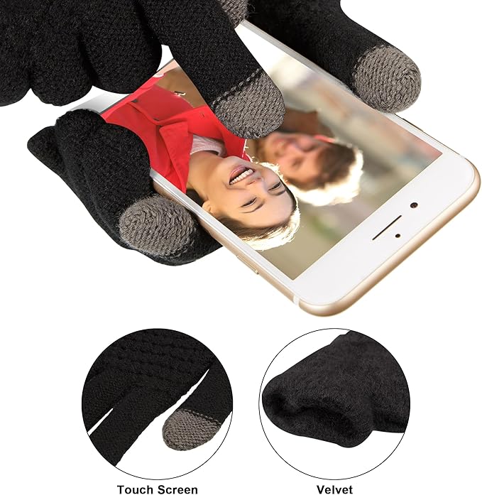SATINIOR 5 Pcs Winter Hat Scarf Gloves Set Fleece Warm Lined Knit Beanie Hat Touch Screen Earmuff Gloves Warmer for Women(Black,Classic Style)