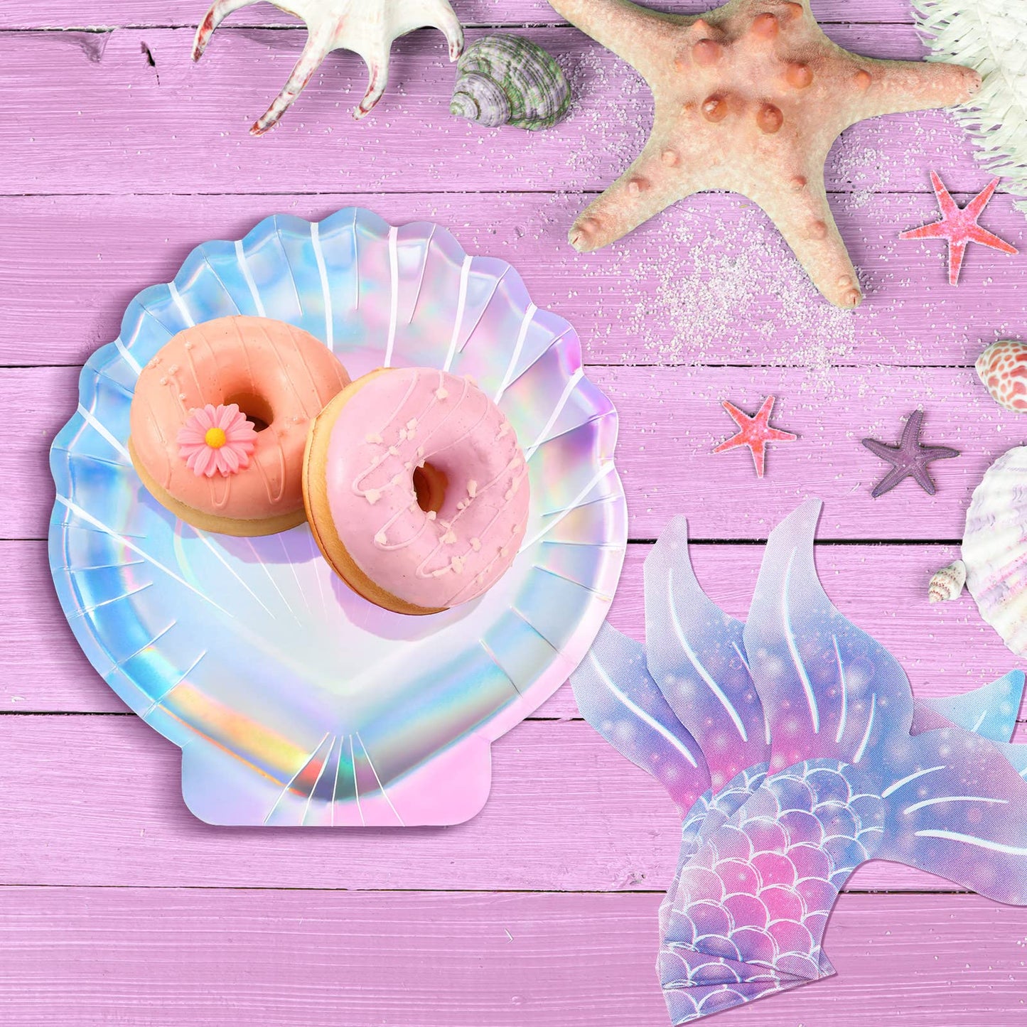 Qeeenar 100 Pcs Iridescent Mermaid Plates and Napkins Party Supplies Seashell Paper Plates Tail Napkins Under The Sea Ocean Party Decorations for Birthday Baby Shower