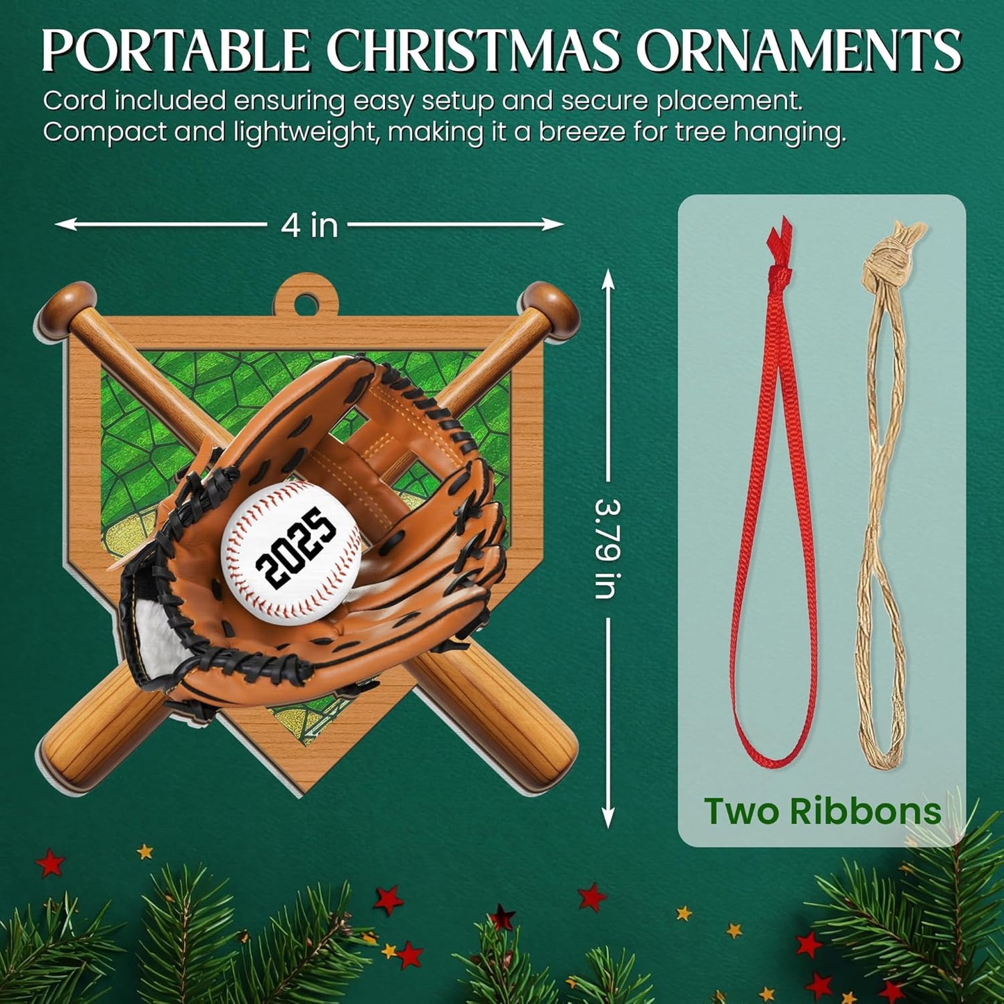 FLAGWIX Baseball Ornaments for Christmas Tree - Suncatcher Christmas Ornaments 2025 for Tree Decorations - Baseball Gifts for Boys 12-14 and 8-12, Sports Gifts for Boys Son Team Coach Men