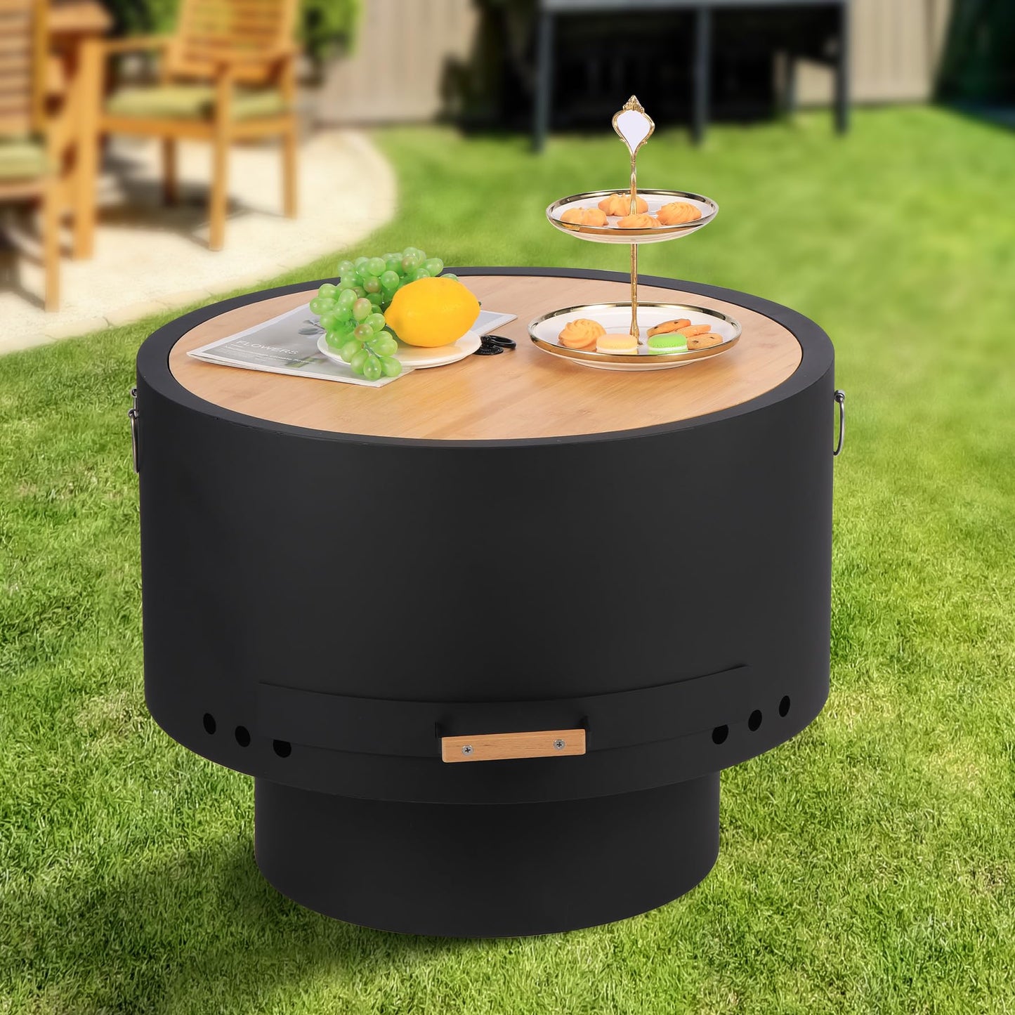 Garvee 26 in Smokeless Fire Pits, Wood Burning Firepits with Fire Poker, Outdoor Portable Fire Pits with Removable Ash Pan and Hardwood Top, Backyard Fireplace for Camping, Picnic and
