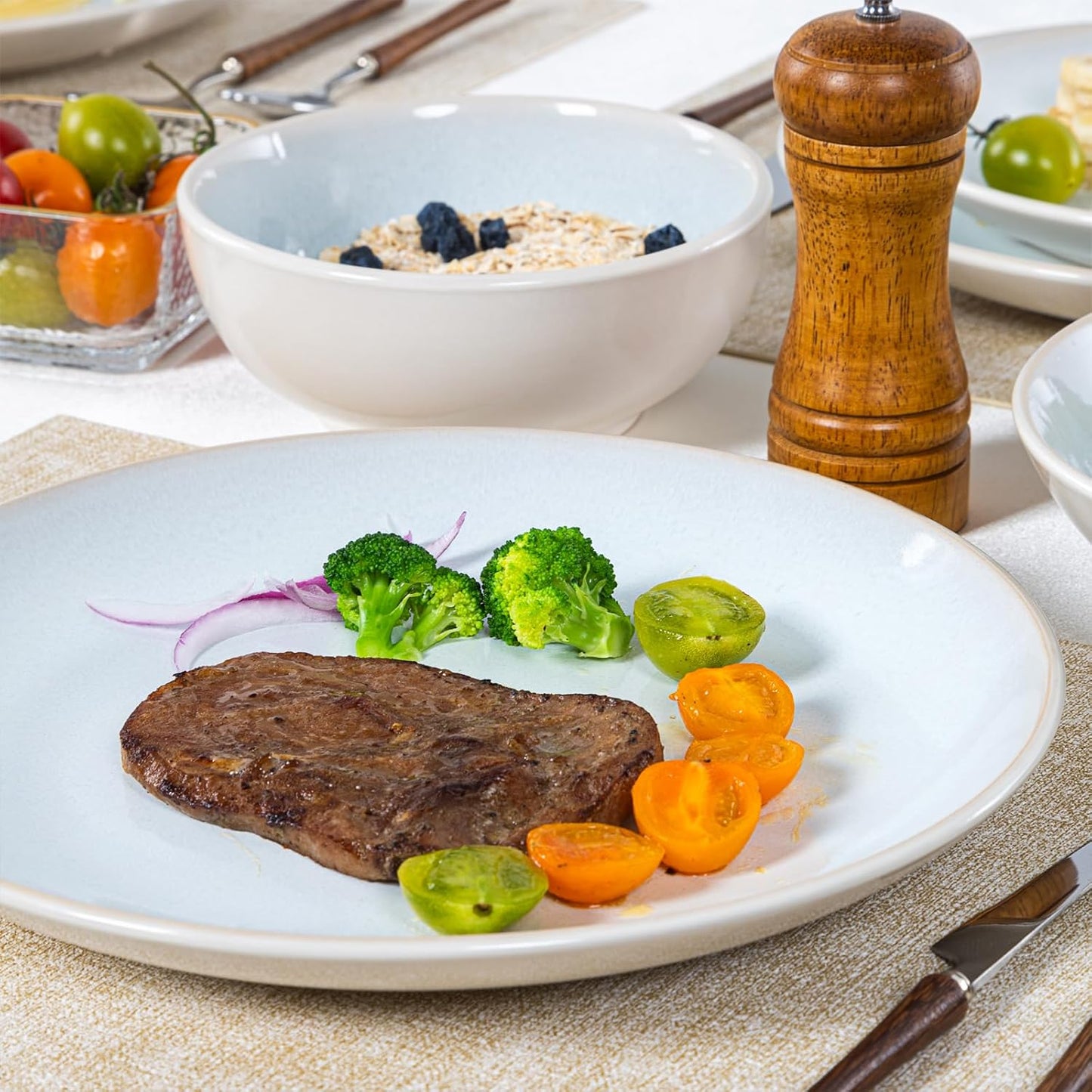 Plates and Bowls Sets for 4 - CJDC-QUELO 16-Piece Stoneware Dinnerware Sets, Ceramic Dishware Set for Kitchen Use and Formal Dining, Chip and Scratch Resistant Microwave Dishwasher Safe, Off White