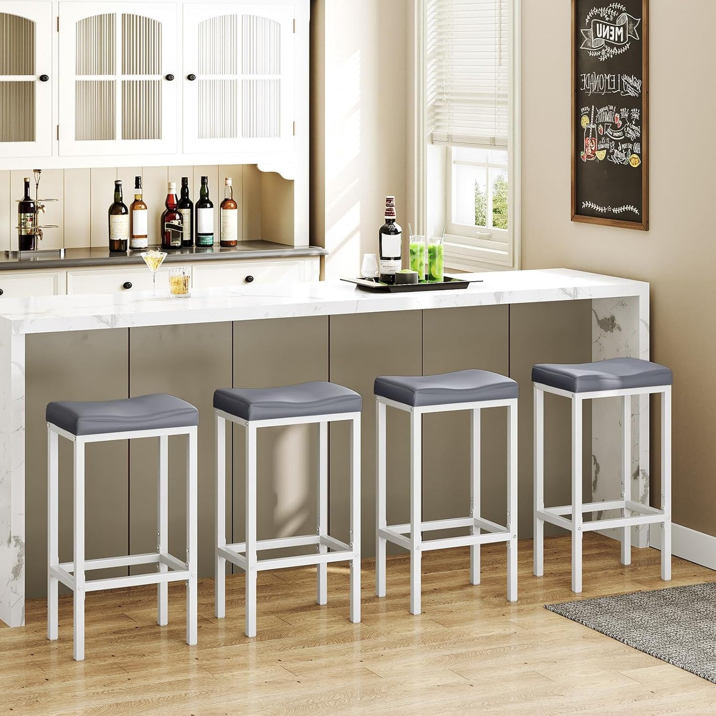 HOOBRO Bar Stools, Set of 2 Counter Height Saddle Chairs, 24.8 Inches, 2.4" Thick Upholstery, White and Gray WG10BY01