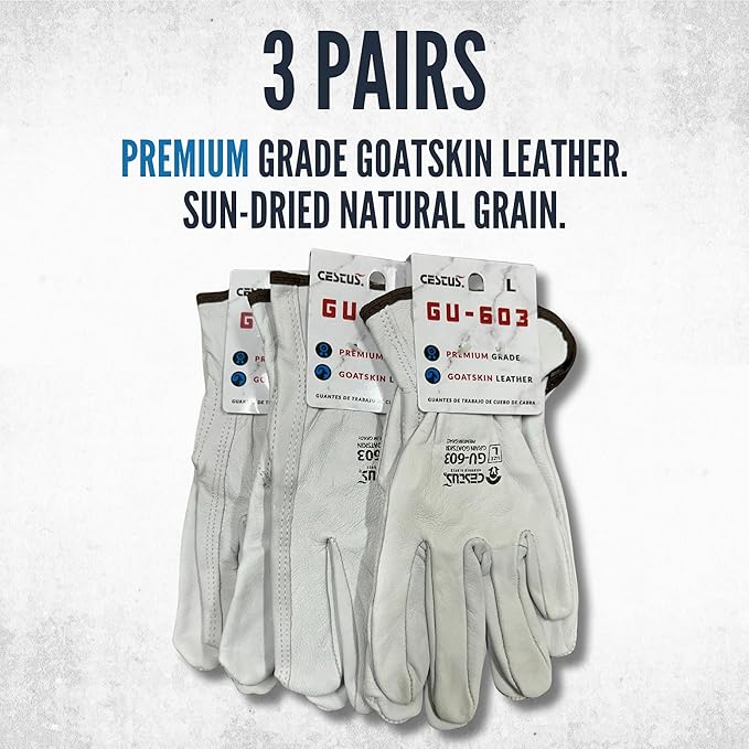 Cestus GU603, Sun-Dried Grain Leather Work Gloves (1,3,12,120) Premium Grade Goatskin, Unlined, Cut For Natural Fit