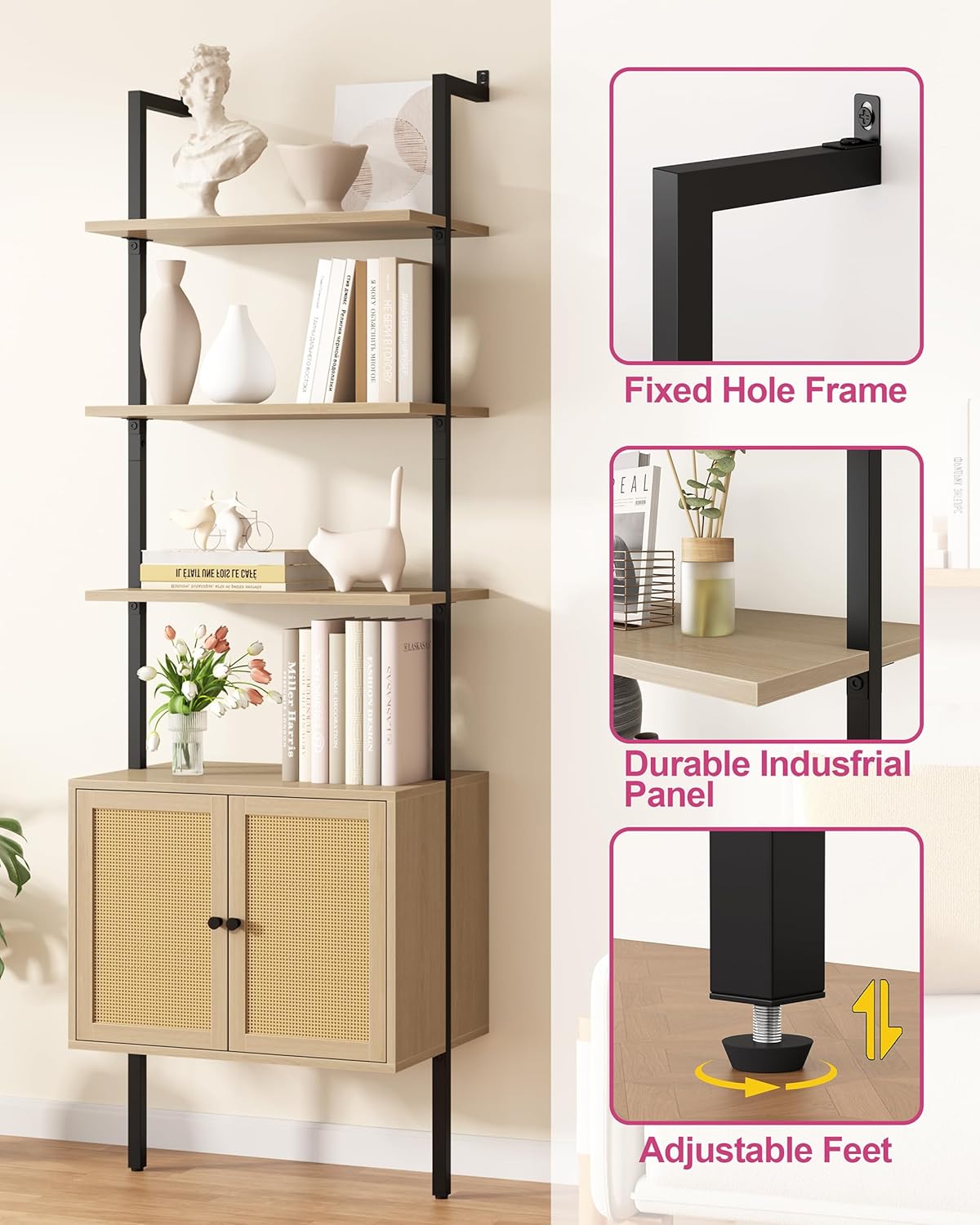Yusong 73" Tall Bookshelf with Cabinet, Industrial Ladder Wall Mount Shelf Rattan Bookcase with Wood and Metal Frame, Plant Shelf Wall Storage Display for Living Room Bedroom,Light Ivory Brown