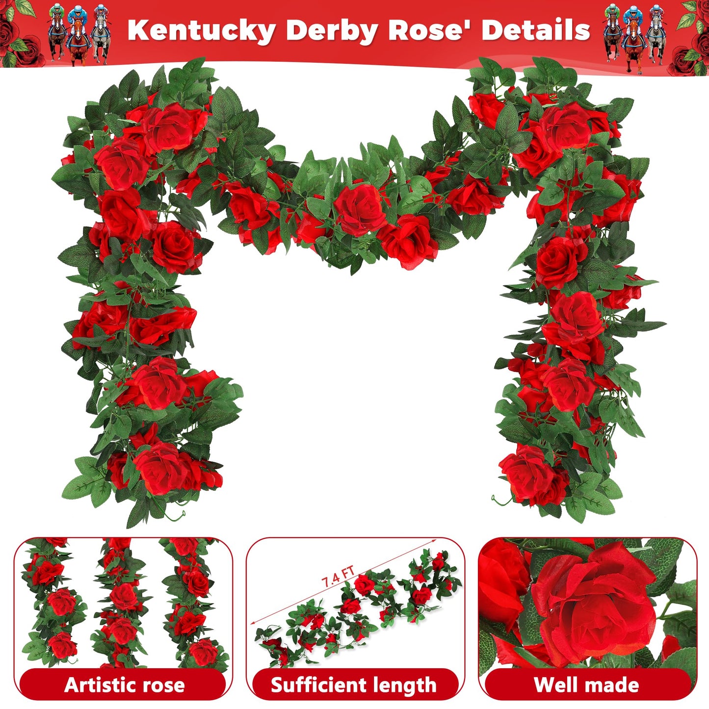 Kentucky Roses, 88.8FT Roses Derby Day Party Supplies Fake Vine Flowers Plants, Derby Day Rose Artificial Flower Hanging Indoor Rose Home Party Garden Craft Art Backdrop Decorations