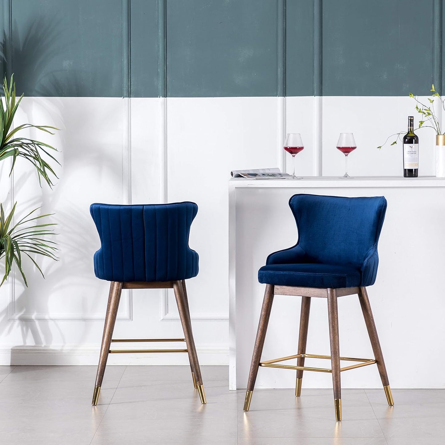 Roundhill Furniture Leland Fabric Upholstered Counter Height Wingback Stools, Set of 2, Blue