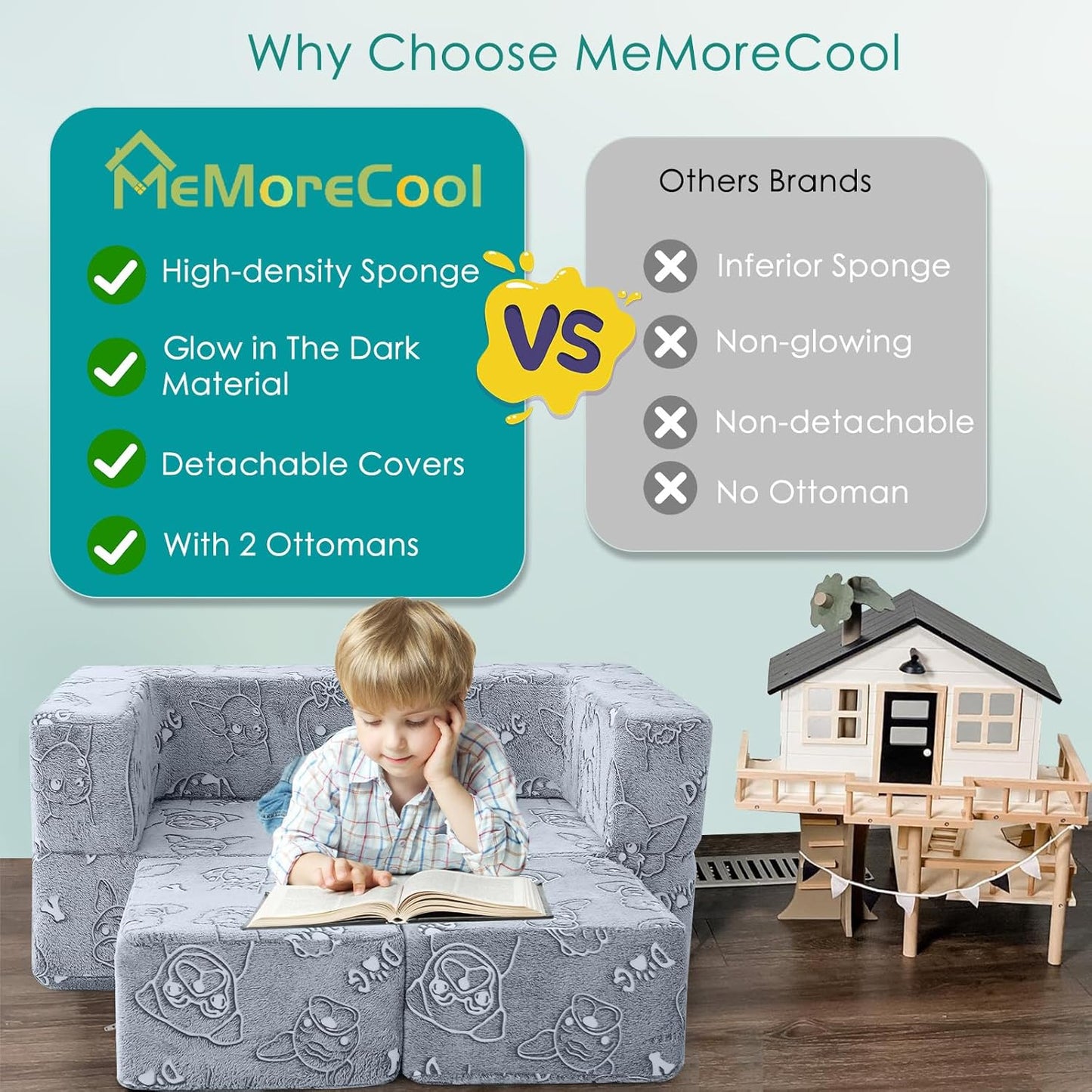 MeMoreCool Kids Sofa Couch, Glow in Dark Toddler Chair Fold Out, Modular Play Couch for Playroom, Child Foam Blocks Convertible Baby Furniture (Glowing Dogs)
