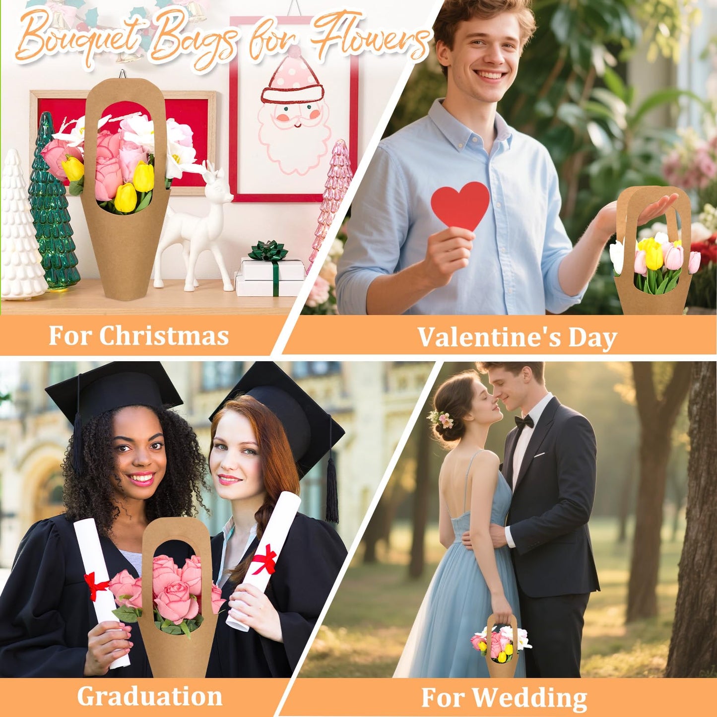 Flower Bags,100 Packs,Flower bags for Bouquets,Kraft Paper Flowers Gift Bags With Handle,Suitable for flower Shops, Weddings, Valentine's Day, Birthday Parties, Thanksgiving, Home Decoration (13.8Inches)