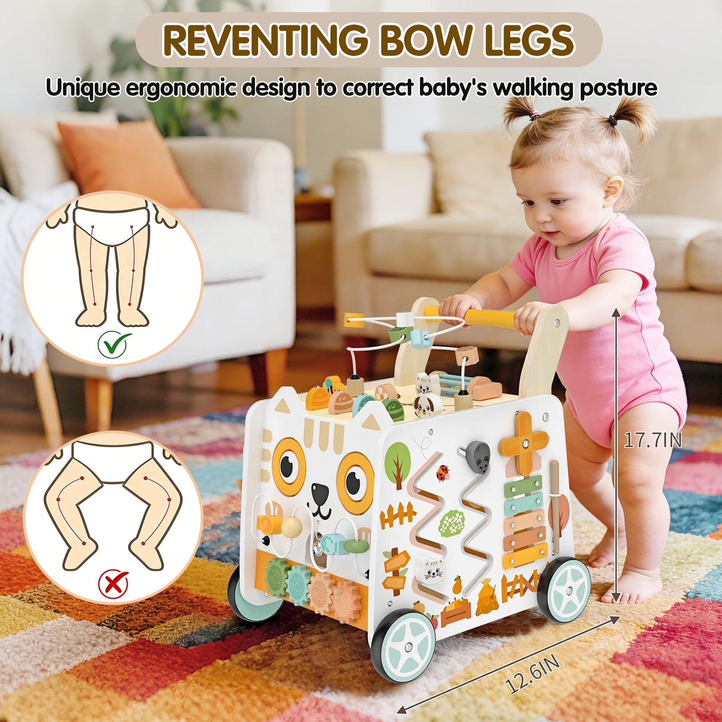 Wooden Baby Walker, Baby Push Walker with Wheels, 16-in-1 Montessori Activity Center Bead Maze Shape Sorter Xylophone, Height Adjustable Walking Toy 12+ Months, 1 Year Old Birthday Gifts Boys Girls
