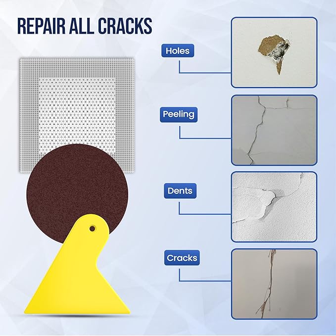 Wall Patch Repair Kit–10 Multi-Size Aluminum Mesh Patches (2″4″6″8″10″) with Scraper & 2 P180 Sandpapers| Drywall Hole Patch Kit for Sheetrock, Plaster&Ceiling Repair |Durable Self-Adhesive Value Pack