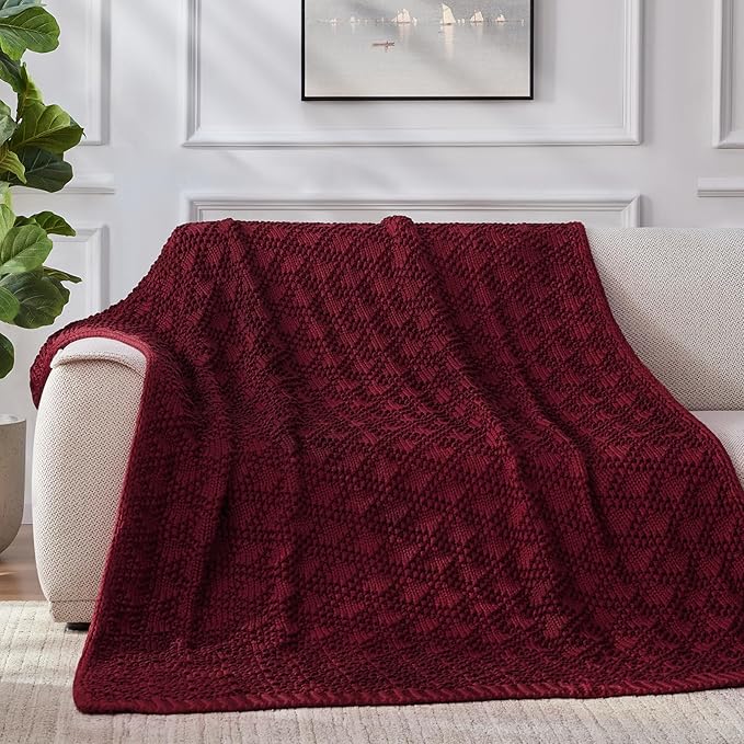 Knitted Weighted Blanket for Adult, Chunky Knit Weighted Throw for Sleep 48"*72" 20lbs, Cooling Breathable Heavy Blanket for Hot Sleepers, Machine Washable Blanket for Room Decor(Red)