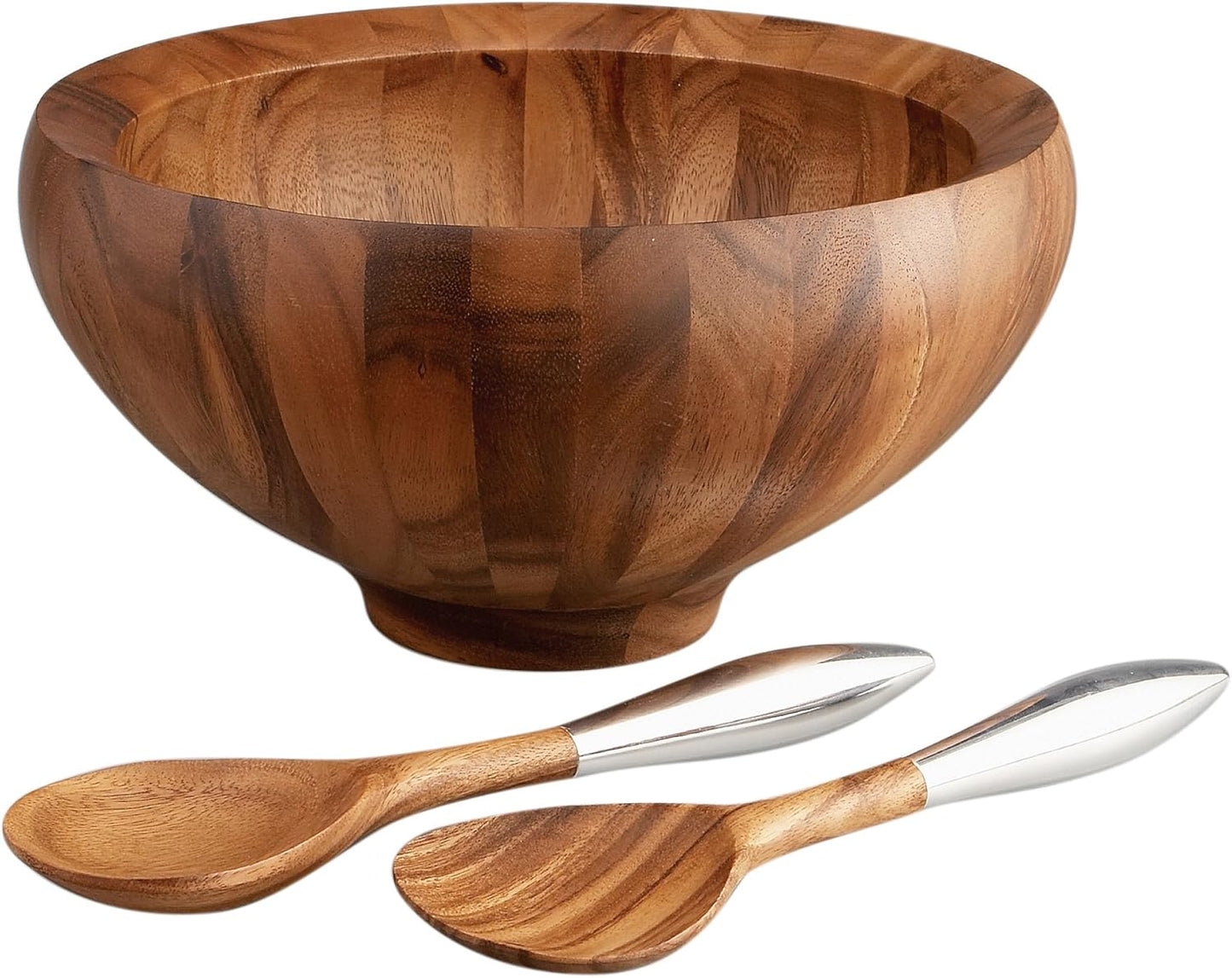 Nambe Yaro Acacia Wood Salad Bowl with 2 Salad Servers | Made of Acacia wood Alloy | Large Deep Wooden Bowls | Acacia Wood Salad Bowl Set | Designed by Sean O’hara