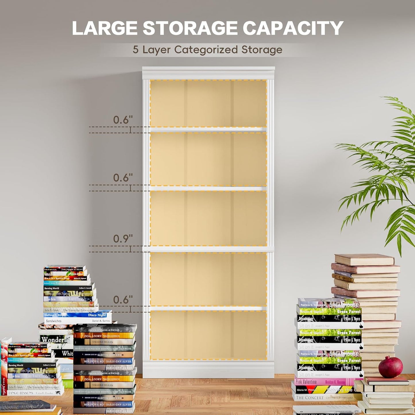YESHOMY 72" Bookcase and Bookshelf, 5-Tier Wood Bookcases with Shelves, Tall Floor Standing Book Shelf Storage Cabinet Home Decor Furniture for Living Room, Home Office, White, 1 PCS