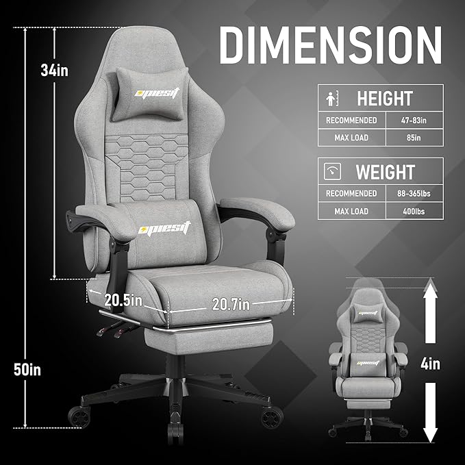 Gaming Chair,Fabric Computer Chairs with Lumbar Support and Massager,Ergonomic Office Chair with Footrest & Pocket Spring Cushion,Bearing 400 LBS(Grey