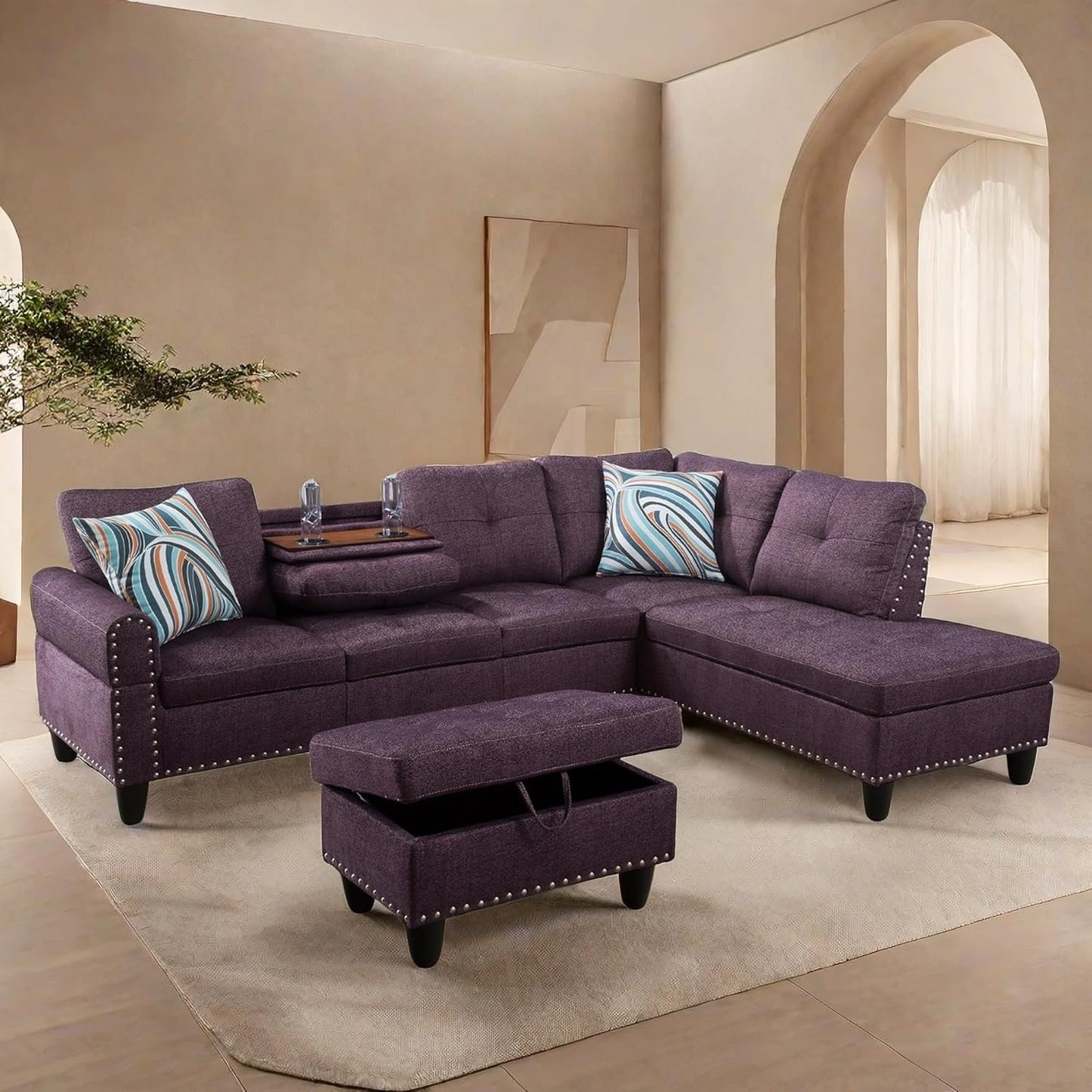 L Shaped Sectional Couches, Modular Sectional Sofa with Ottoman Storage, Nail-Head Design Lounge Sofa with Reversible Cup Holder for Living Room, Bedroom, Purple