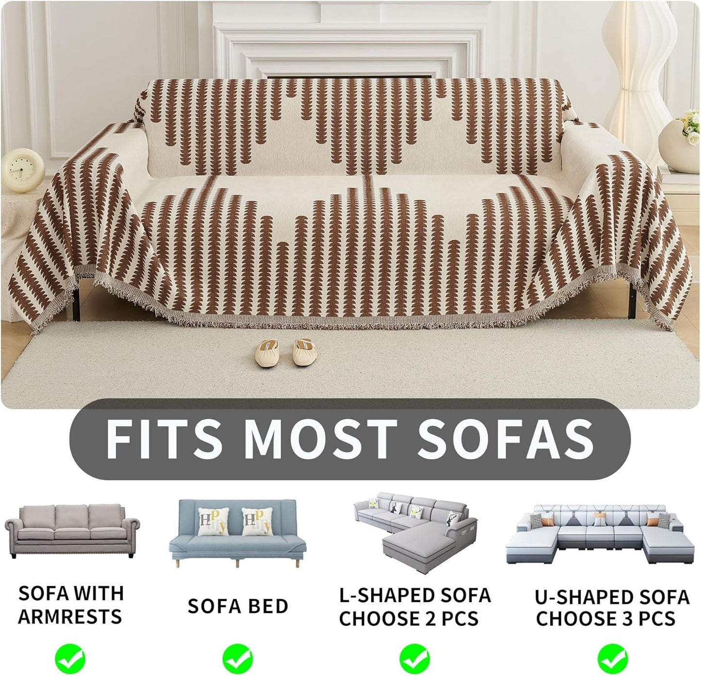 HAOMAIJIA Boho Sofa Covers Couch Covers for 3 Cushion Couch Sofa Pet Friendly Soft Thick Non Slip Couch Cover for Dogs Washable Sectional Couch Covers L Shape Furniture Protector (Brown, 71"x134")