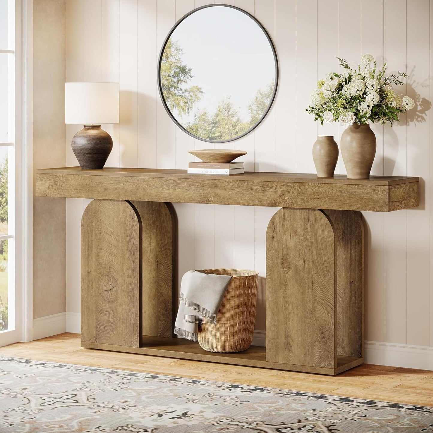 Tribesigns 70.9-Inch Extra Long Sofa Table, Farmhouse Console Tables with Wood Frame and Storage Shelf, 2-Tier Wood Table Behind Couch for Living Room, Hallway, Foyer, Light Brown