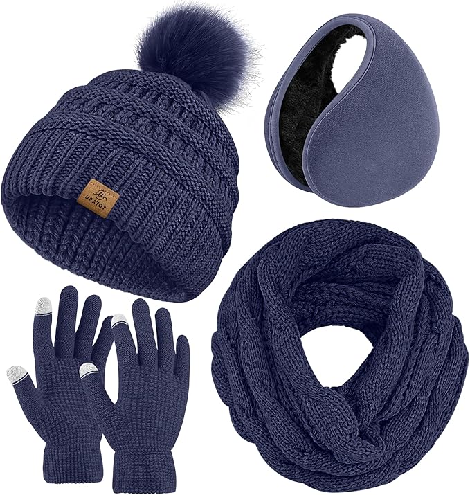 URATOT 4-In-1 Winter Warm Sets Knitted Scarf Touch Screen Gloves Beanie Pompom Hat and Winter Ear Warmer for Men or Women