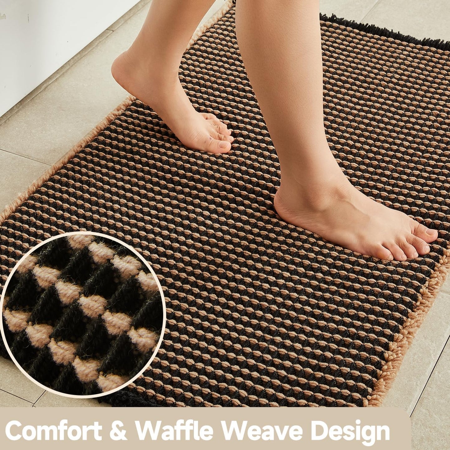 Waffle Bath Mat, Boho Bathroom Rugs Non Slip Washable Super Absorbent Quick Dry Bath Mat Farmhouse Bathroom Decor, 30"x20" Khaki and Black
