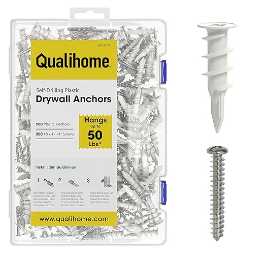 Qualihome Drywall Anchors with Screws – 400 Piece Set (200 Anchors + 200#8 x 1-1/4" Screws) | Self Drilling Drywall Anchors Heavy Duty | Wall Anchors for Drywall | Plastic Screw Anchor Kit