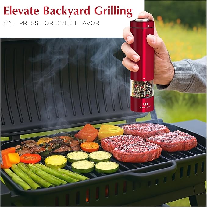 Electric Salt and Pepper Grinder Set - 2 Battery Operated Stainless Steel Mills with Light (Elegant Red Burgundy) - Automatic One Handed Operation - Electronic Adjustable Shakers - Ceramic Grinders