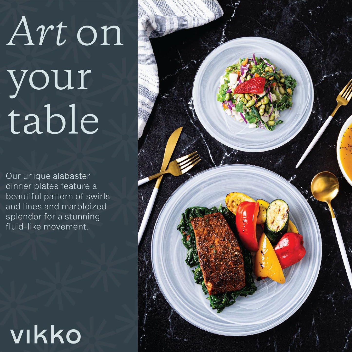 Vikko Dinner Plates, Set of 4 White Alabaster Plates, 11" Plate with Marbelized, Swirl Design, Elegant Glass Plate, Dishwasher Safe