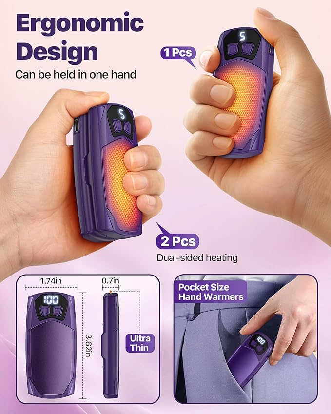 Kesguar Hand Warmers Rechargeable 2 Pack - 6000mAh Electric AI Handwarmers, LED Display & 5-Level Heating, 20Hrs Long Lasting, 2-in-1 Portable Heater, Gifts for Men/Women/Golf/Hunting