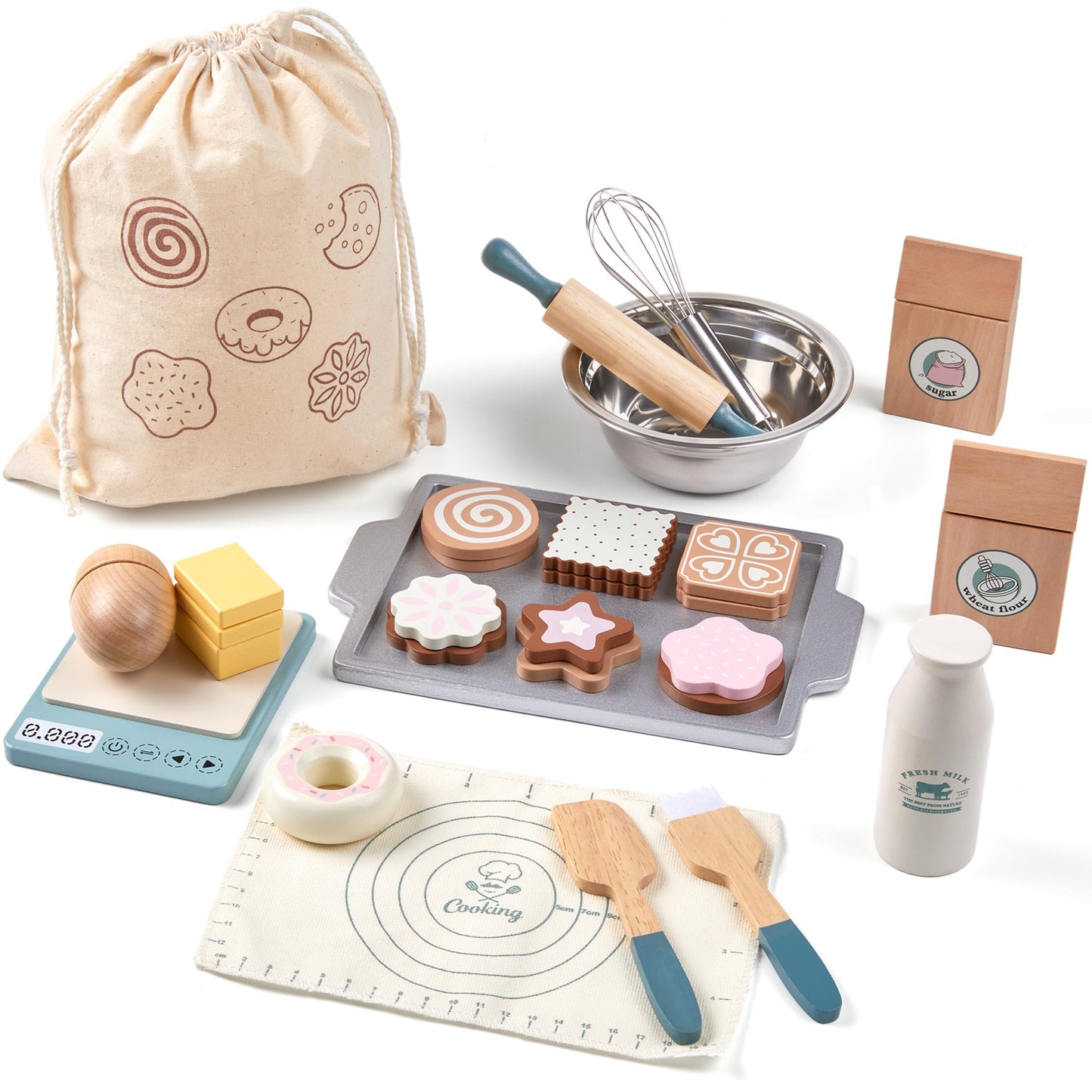 Wooden Play Food Sets for Kids, Pretend Play Kitchen Accessories with Shopping Bag, Cutting Toys, Gift for Boys and Girls Ages 3-6