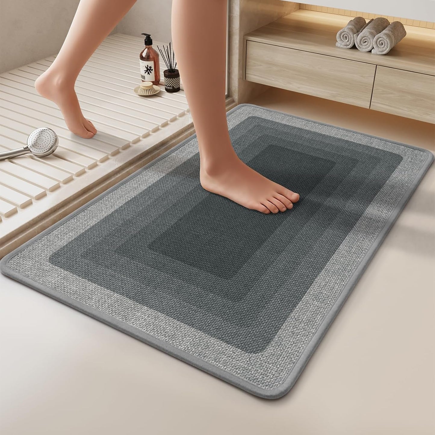 Non Slip Bath Mat Bathroom Rugs, Quick Dry Super Absorbent Washable Shower Bath Mats, Rubber Backing Ultra Thin Bathroom Rug Fit Under Door, Grey 24x36