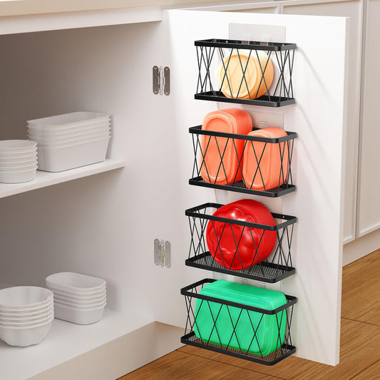 BasicForm 4 Pack Metal Kitchen Inside Cabinet Door Organizer, Adhesive Lid Organizers Cabinet Door Storage for Tupperware Lid, Storage Holder Basket for Kitchen Wall Mounted (Black)