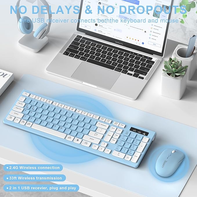 Wireless Keyboard and Mouse Combo, Full-Sized Wireless Keyboard and Adjustable DPI Mouse, 2.4GHz USB Receiver, Keyboard and Mouse for PC, Windows, Desktop, Laptop (Sky Blue-A)