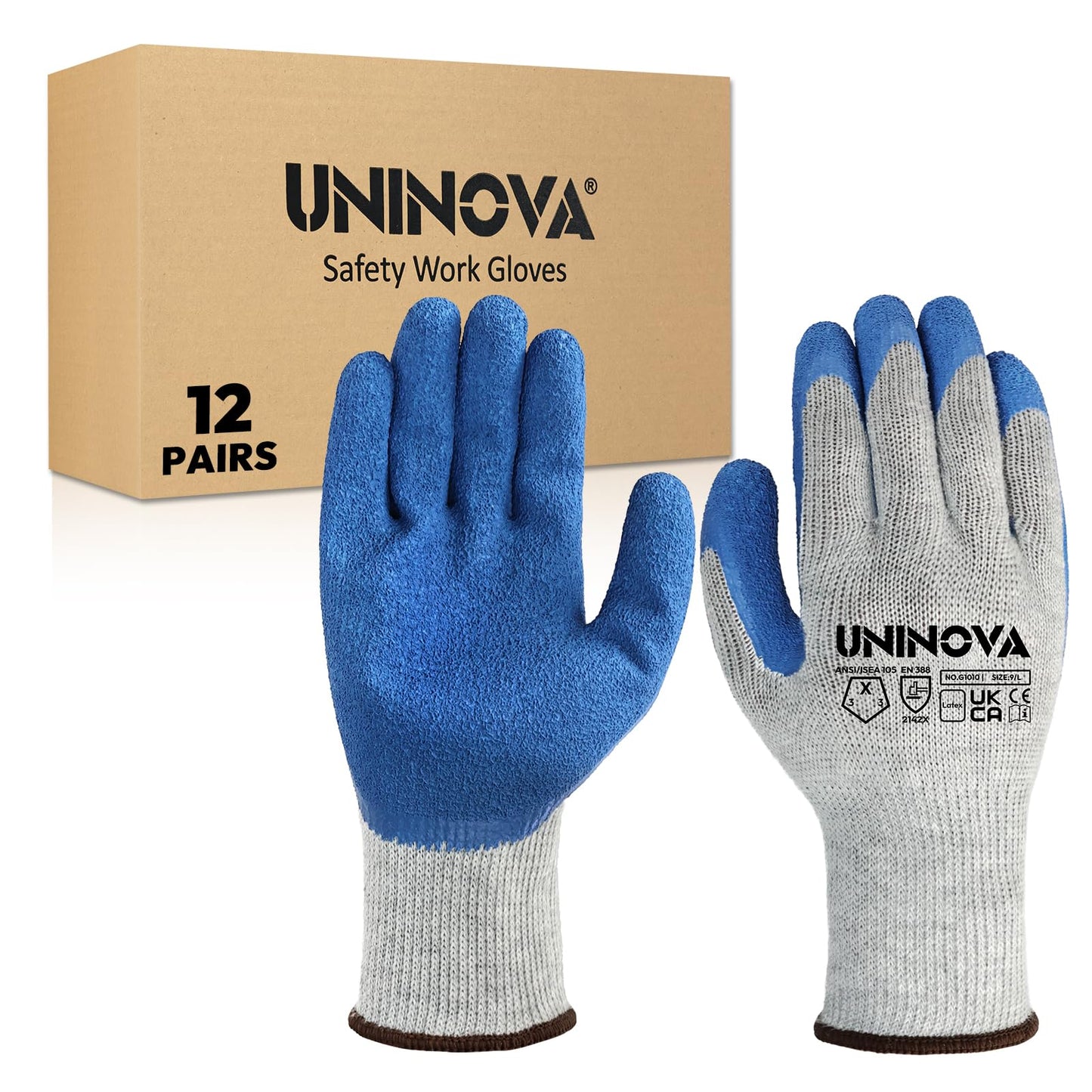 UNINOVA Work Gloves, Crinkle Rubber Latex Palm Coating, Safety Work Gloves with Grip, Non-slip Bulk for Men Women, Construction Warehouse General Handling(Large,12Pairs)