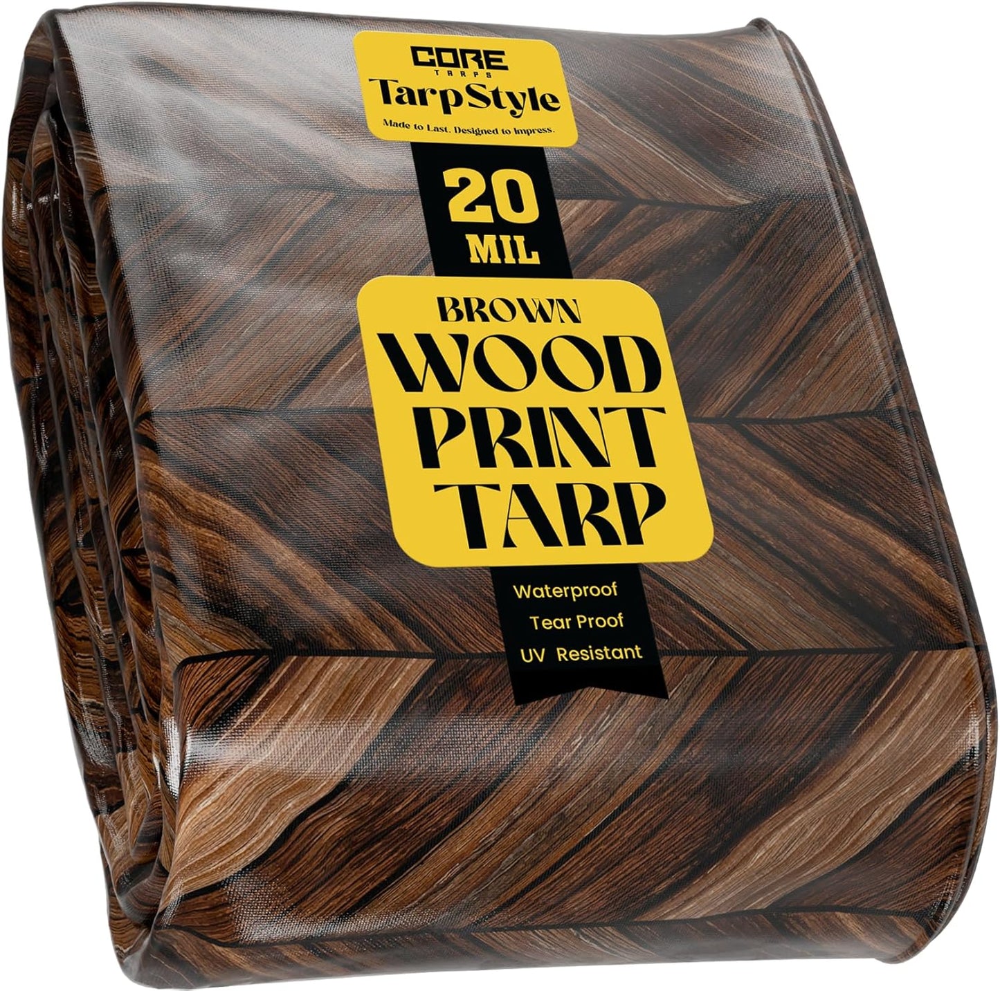 Core Tarps Extreme Heavy Duty 20 Mil Tarp Cover, Waterproof, UV Resistant, Rip and Tear Proof, Poly Tarpaulin with Reinforced Edges for Roof, Camping, Patio, Pool, Boat (Brown Wood/Black 30′ X 50′)