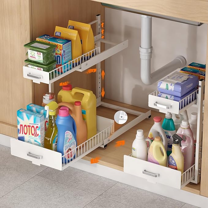 2 Tier Slide Out Kitchen Cabinet Organizers with Pulley, Under Sink Organizer, Under Bathroom Sink Pull Out Organizer with Multiple Height Adjustments for Kitchen and Bathroom Cabinets-White