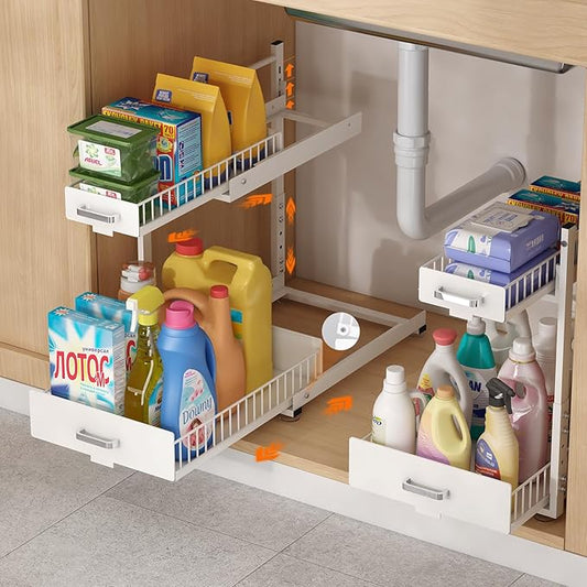 2 Tier Slide Out Kitchen Cabinet Organizers with Pulley, Under Sink Organizer, Under Bathroom Sink Pull Out Organizer with Multiple Height Adjustments for Kitchen and Bathroom Cabinets-White