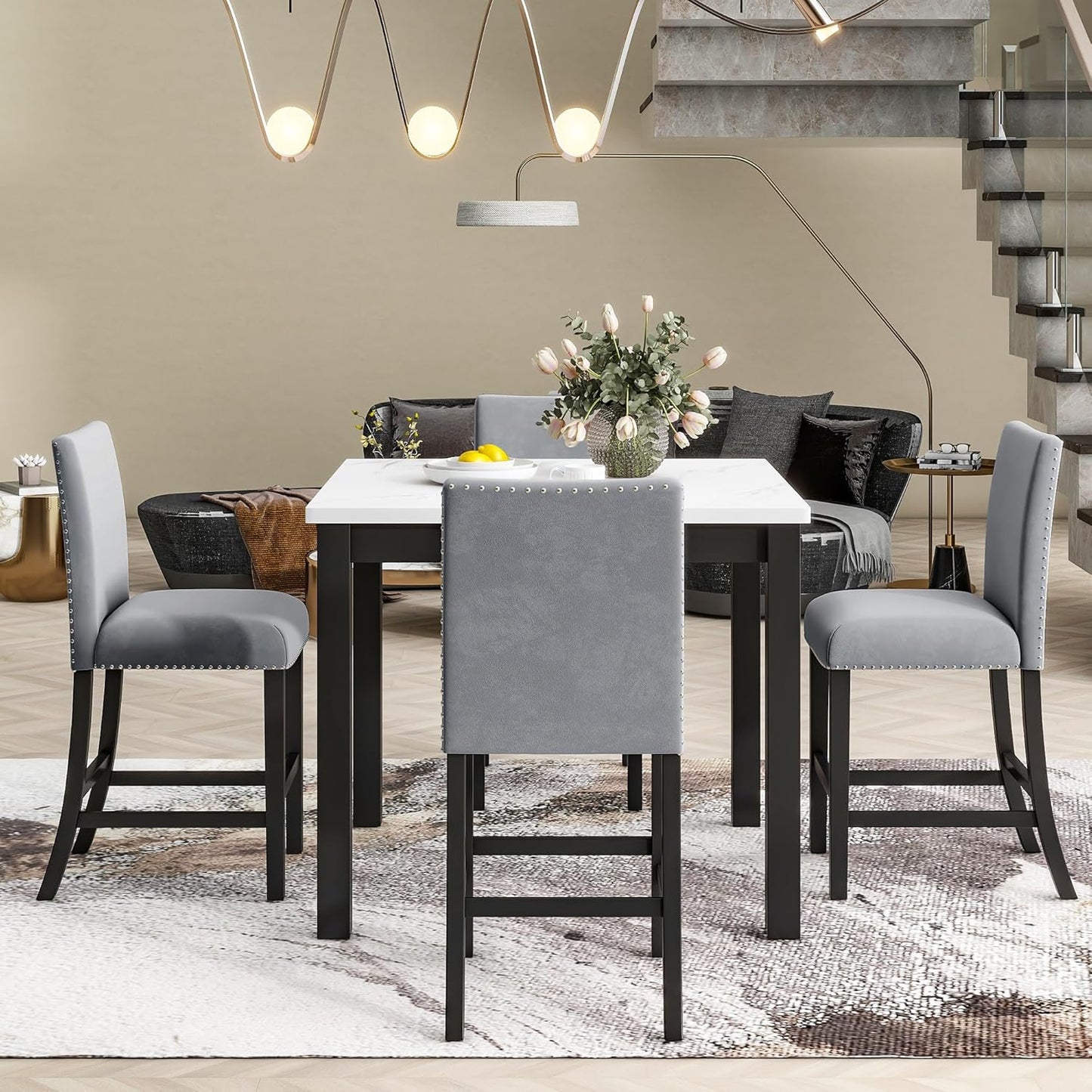 HomSof 5-Piece Counter Height Dining Table Set with One Faux Marble Top Dining Table and Four Velvet-Upholstered Chairs,Grey