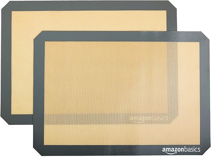 Amazon Basics Silicone Rectangular Baking Mat, Non-Stick Reusable Oven Bakeware, 16.5" x 11.6", New Beige/Gray, Pack of 2