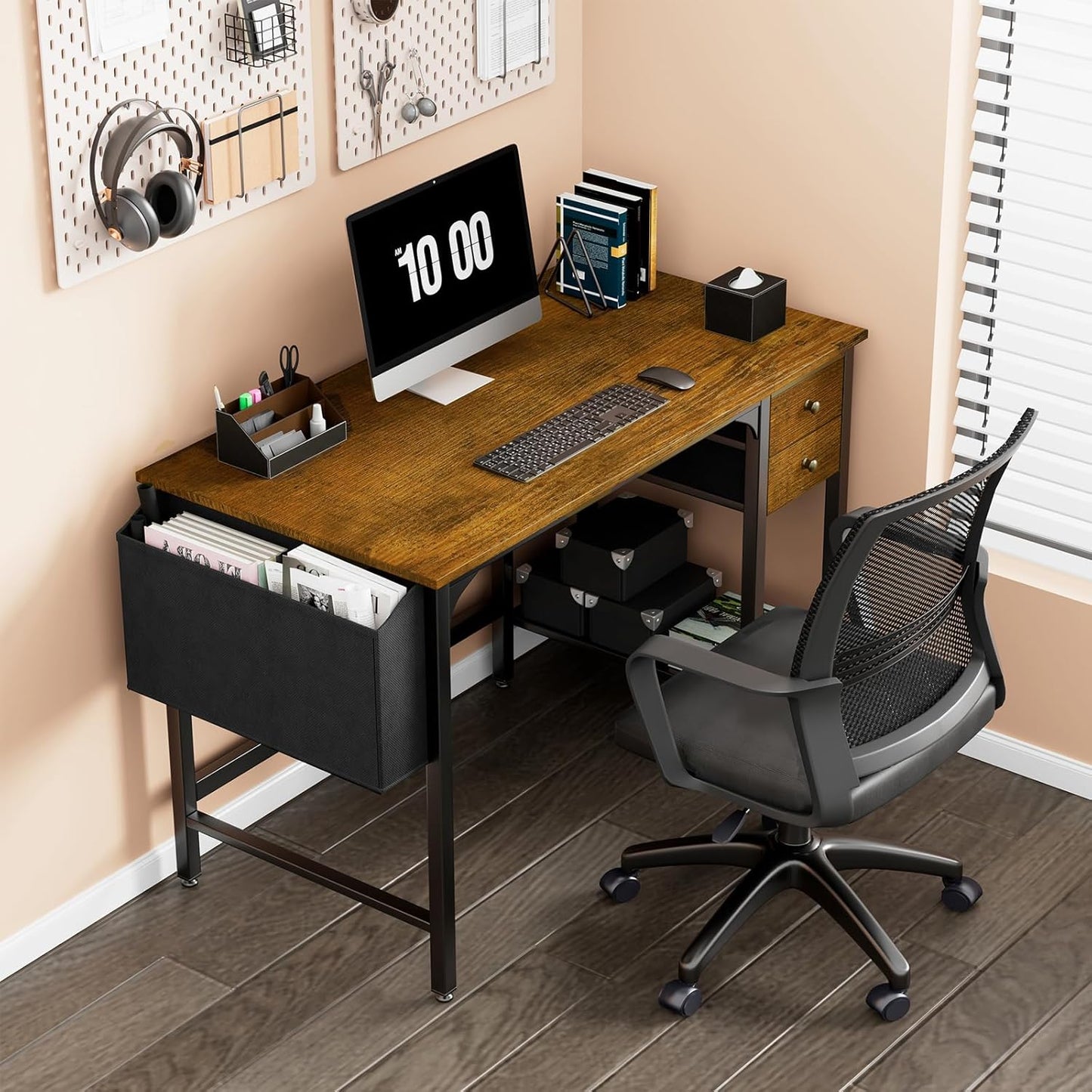Lufeiya Computer Desk with Drawers - 40 Inch Work Reversible Small Desk for Bedroom Home Office, Simple Study Writing Table PC Desks with Drawer Storage Shelves, Rustic Brown