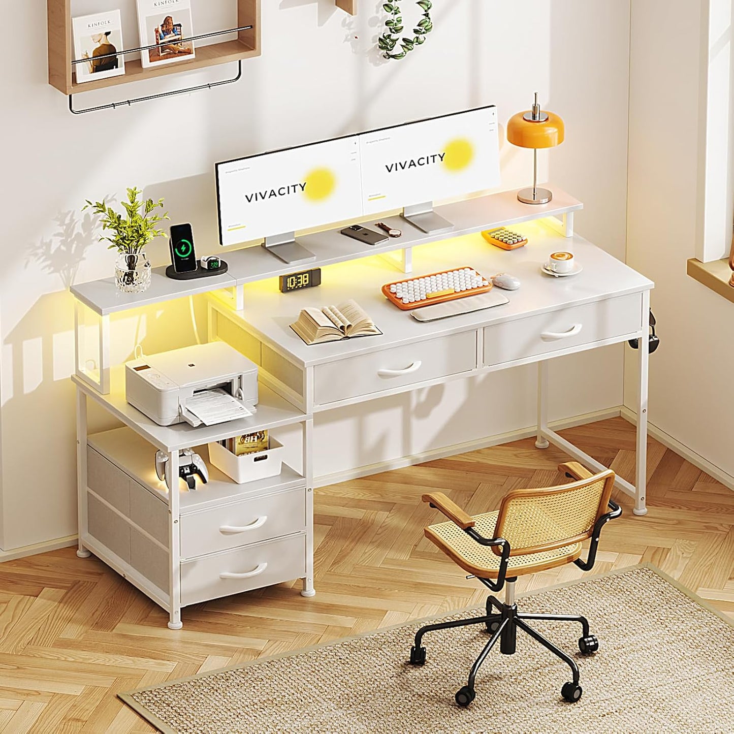 53" Computer Desk with 4 Drawers & Power Outlets, Reversible Home Office Desk with Monitor Stand & Printer Stand, Gaming Desk with Led Lights, Study Writing Work Desk Table for Bedroom (White)