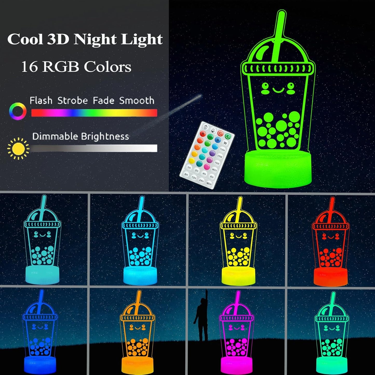 Boba Lamp, Boba Gifts, Boba 3D Night Light with Remote Control, 16 Color Changing, Timer, RGB Flashing Mode, Dimmable - Boba Gifts for Boys & Girls