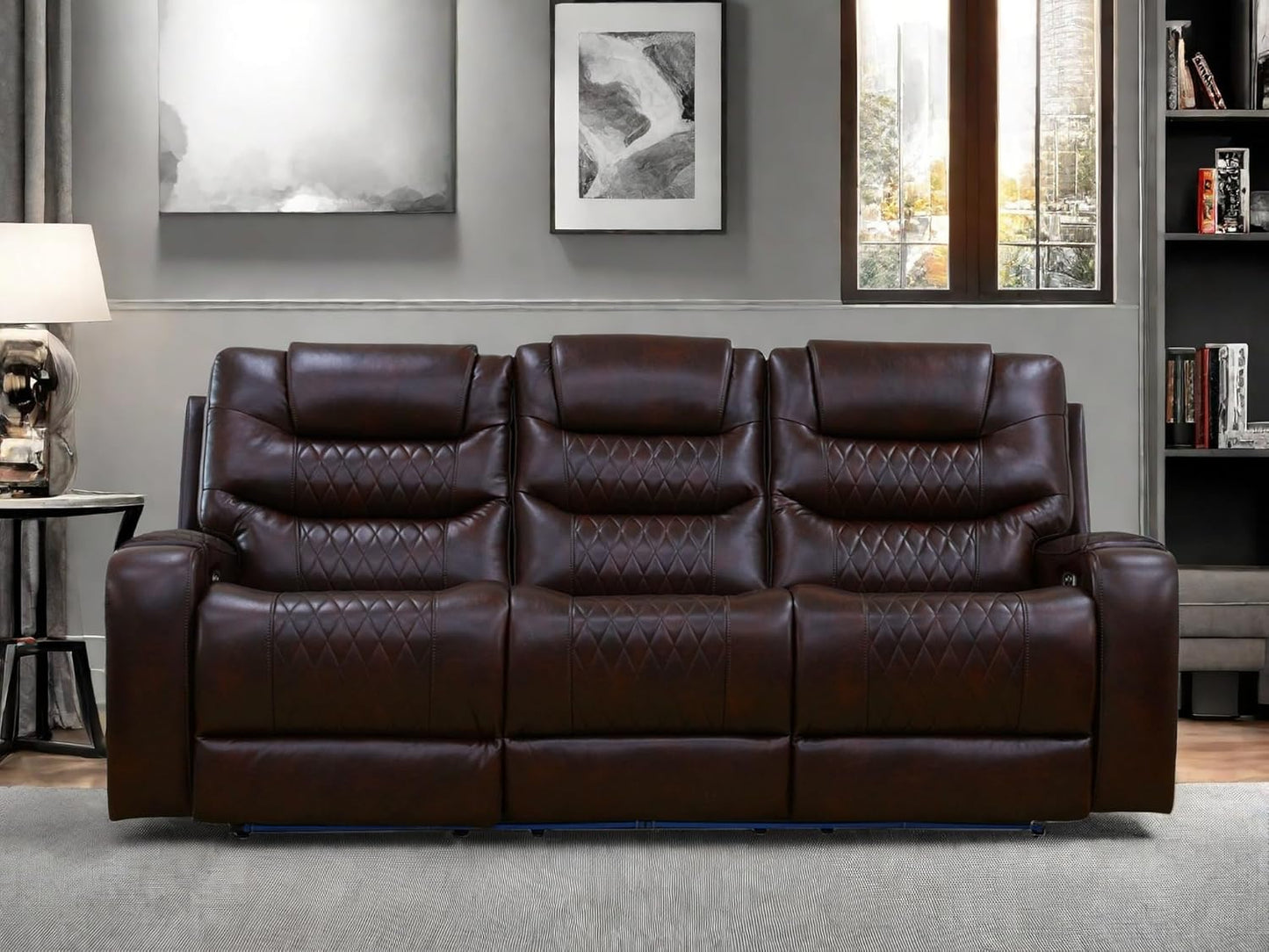 Leather Recliner Sofa Couch, 3-Seater Home Theater Seating Reclining Sofa, Power Reclining Couch with Cup Holders & Drop Down Table for Living Room Furniture Sets, Brown