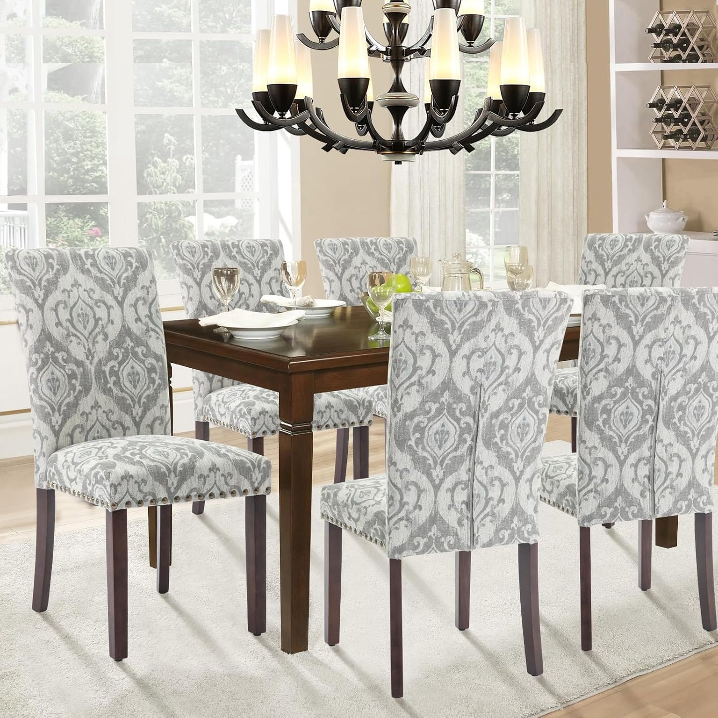 Parsons Dining Chairs Set of 6, Upholstered Nailhead Dining Room Kitchen Side Chair with Thick Cushions and Wood Legs, White/Grey
