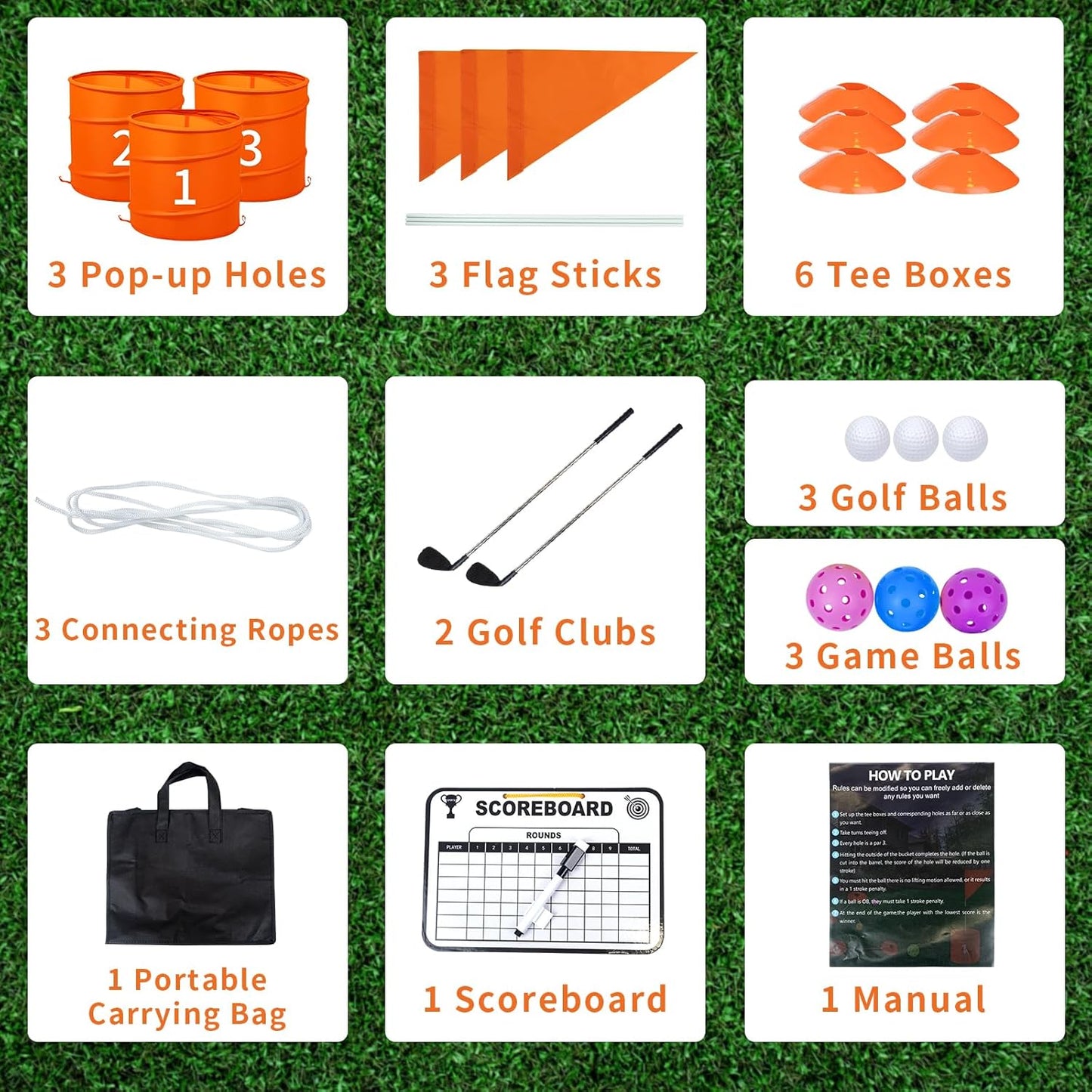 Orange 3PCS Backyard Golf Game, Set with:3Pop-Up Holes + 3 Flags + 6 Tee Boxes + 3 Game Balls + 1 Carrying Bag + 3 Connecting Ropes + 1 Scoreboard + 2 Clubs + 3 Golf Balls + 1 Manual,Outdoor