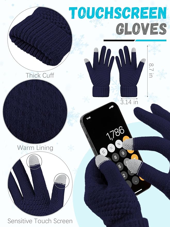 Winter Hat Scarf Gloves and Ear Warmer, Knit Warm Beanie Hat Touch Screen Gloves Long Knitted Plaid Scarf Set Gifts for Women
